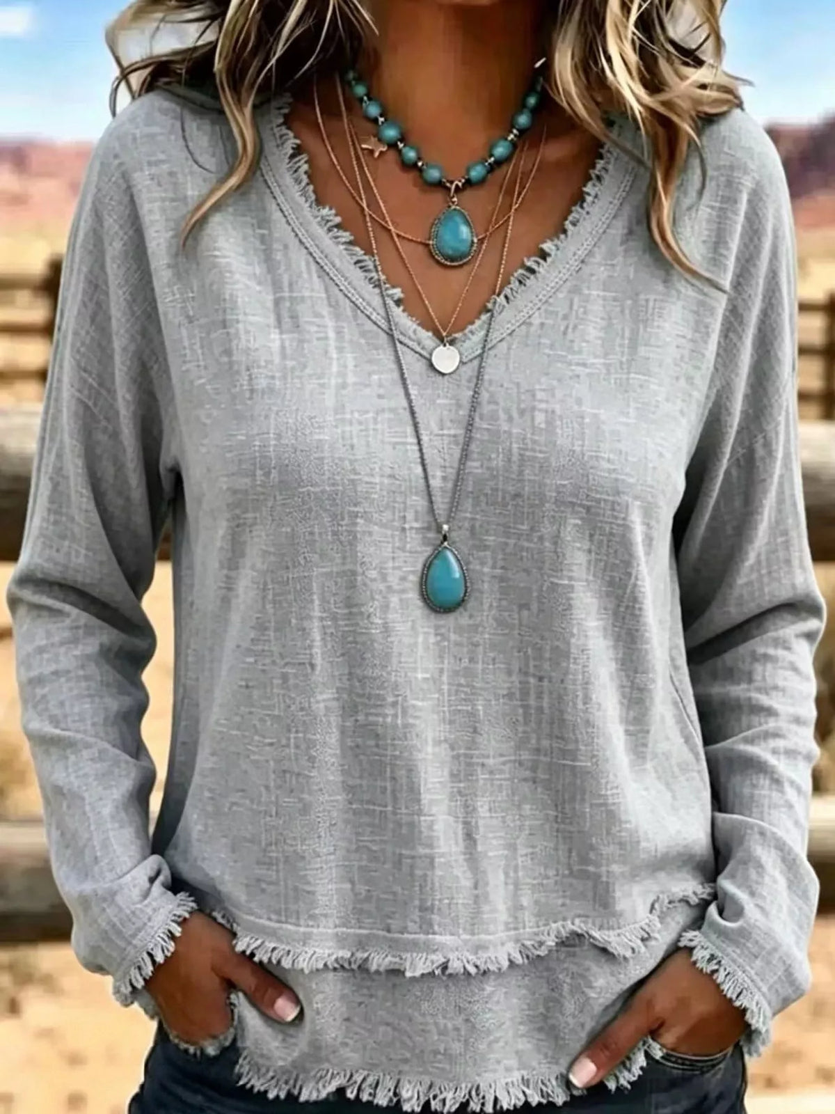 Full Size Frayed Hem V-Neck Long Sleeve Blouse Plus Size
