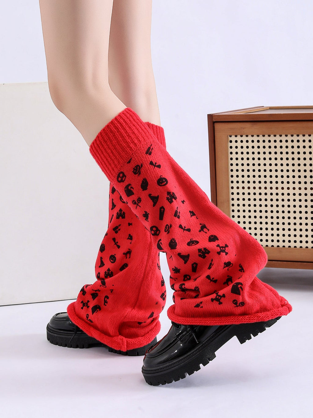 Women Girls Neon Halloween Print Knit Flared Leg Warmers Slouch Socks For Party Clubwear