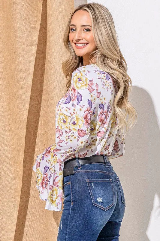 And The Why Floral Printed Bell Sleeve Casual Top