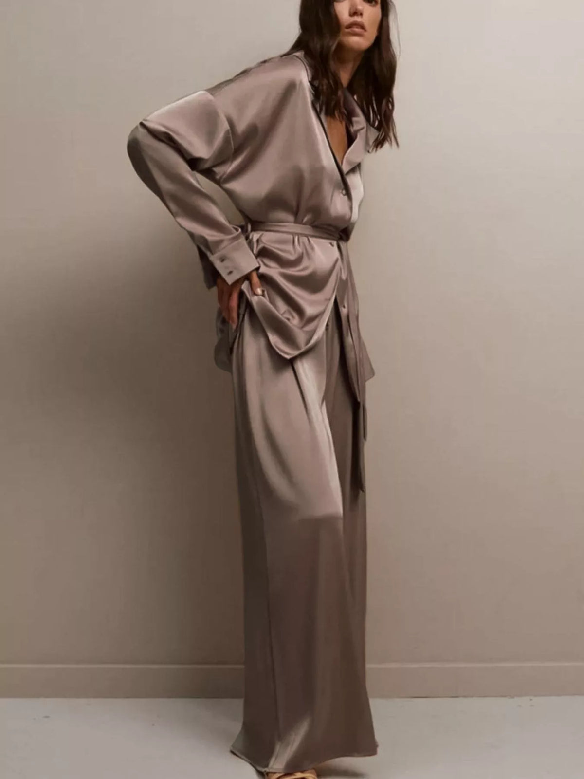 Satin Long Sleeve Shirt and Pants Set