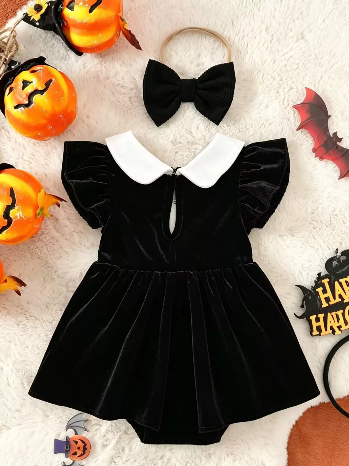 Children's Halloween 'BOO' Ghost Velvet Bodysuit Dress and Bow Headband Set