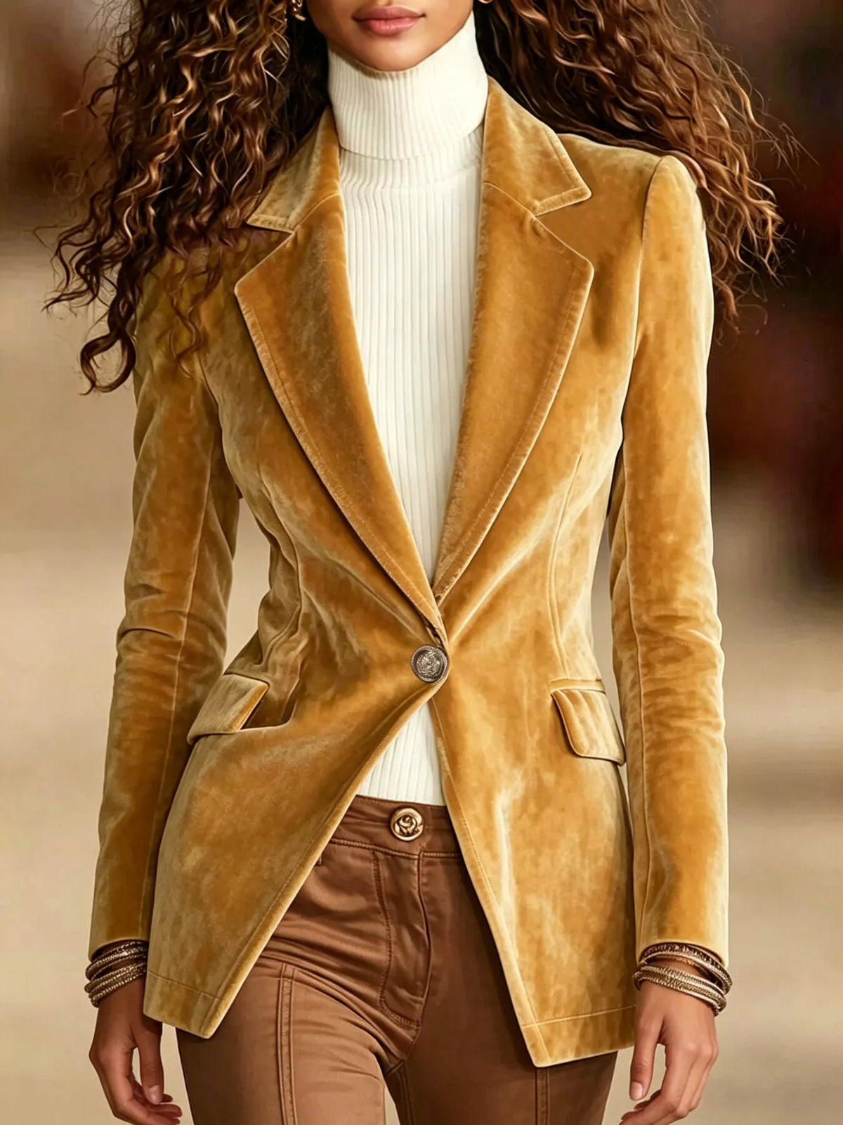 Velvet One-Button Long Sleeve Blazer