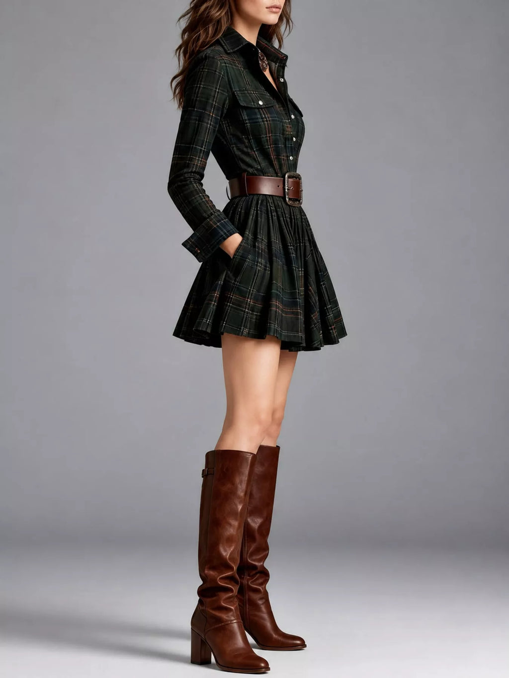 Plaid Long-Sleeve Shirt Dress