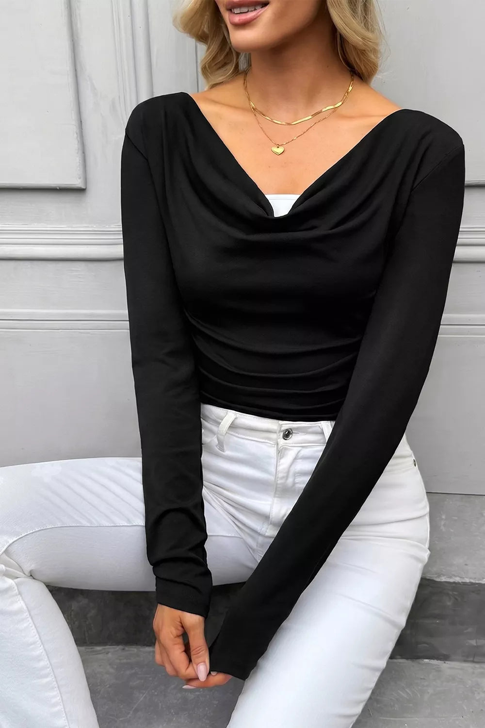 Color Block Drape V Neck Pleated Long Sleeve Top