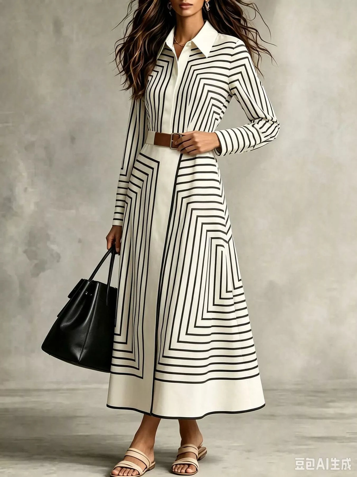 Geometric Striped Midi Shirt Dress