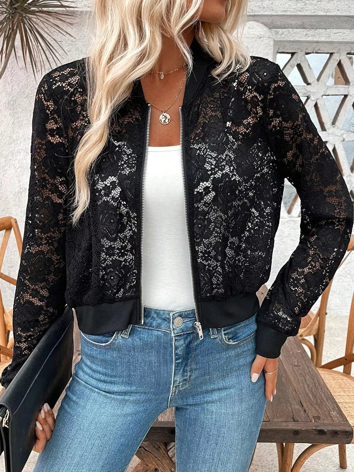 Sheer Lace Zip Up Jacket