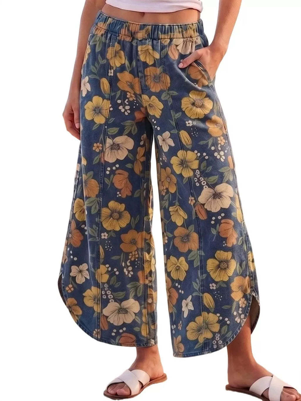 Floral Print Elastic Waist Wide-Leg Jeans