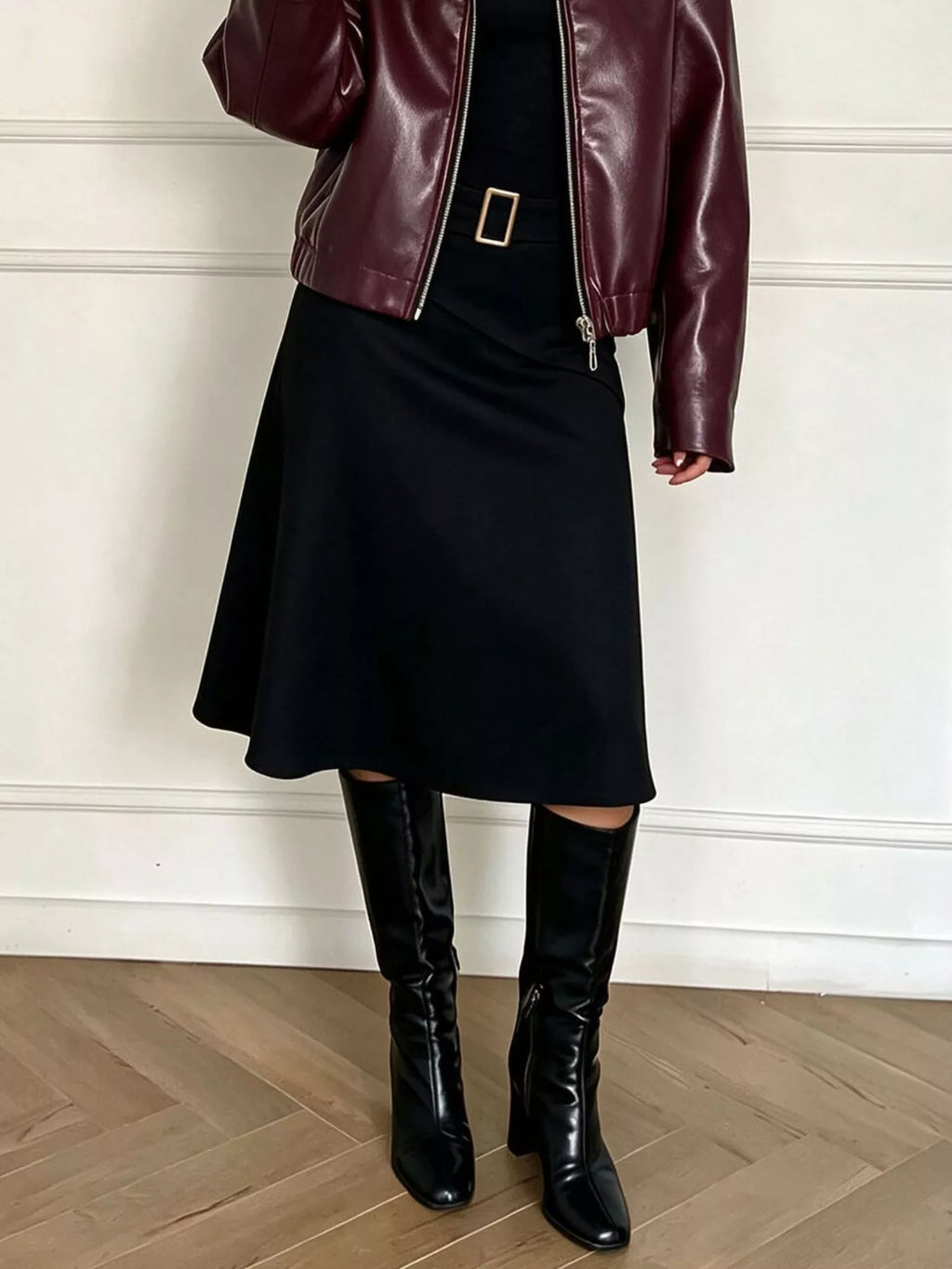 High-Waisted A-Line Midi Skirt with Belted Detail
