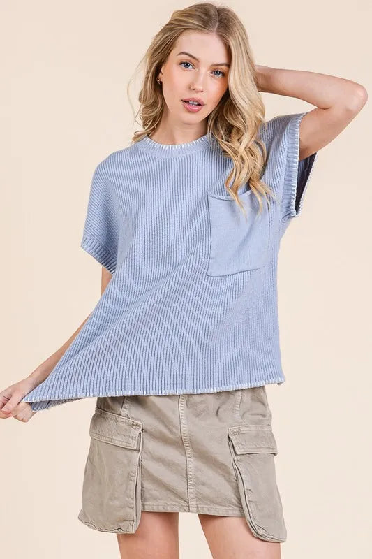 Oversized Cap Sleeve Knit Sweater with Pockets