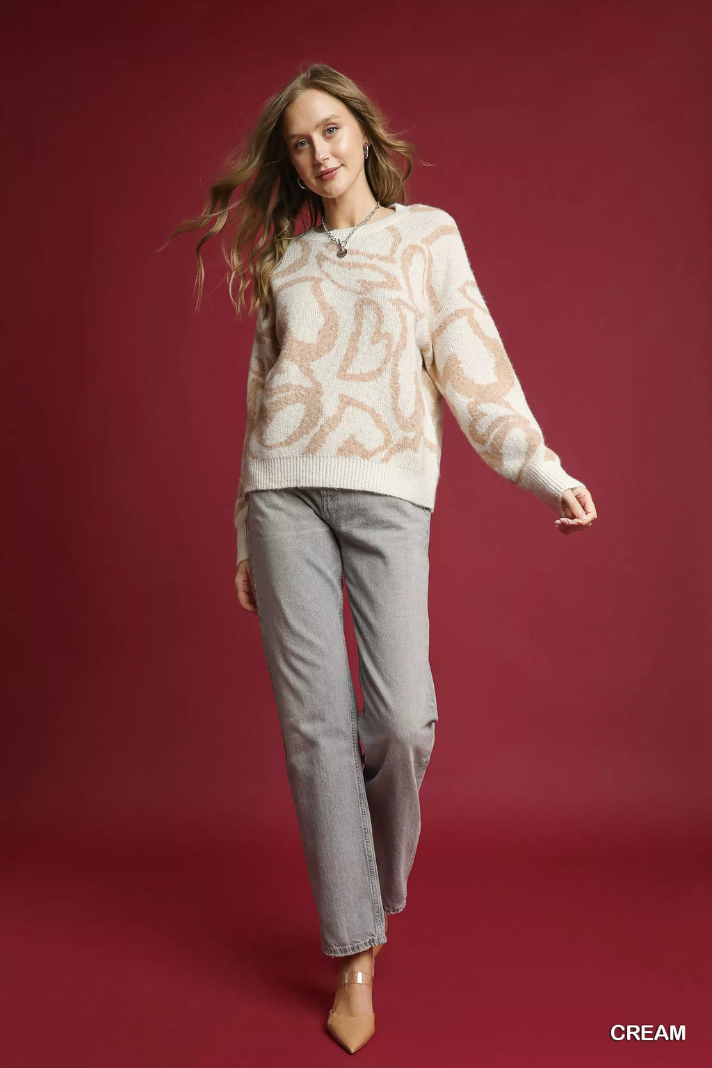 Umgee Heart Print Crew Neck Sweater