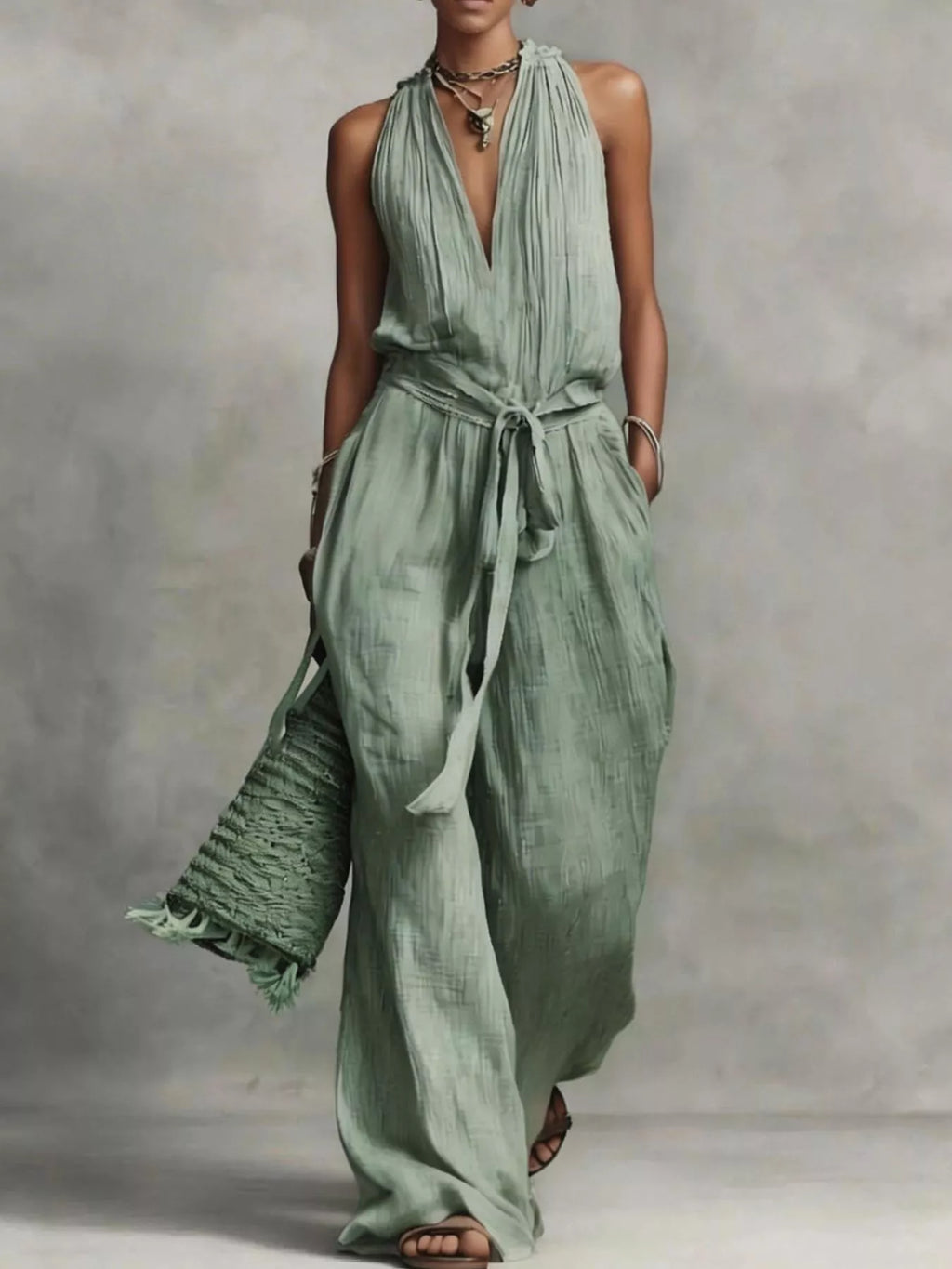 Sleeveless Wide-Leg Jumpsuit with Tie-Waist