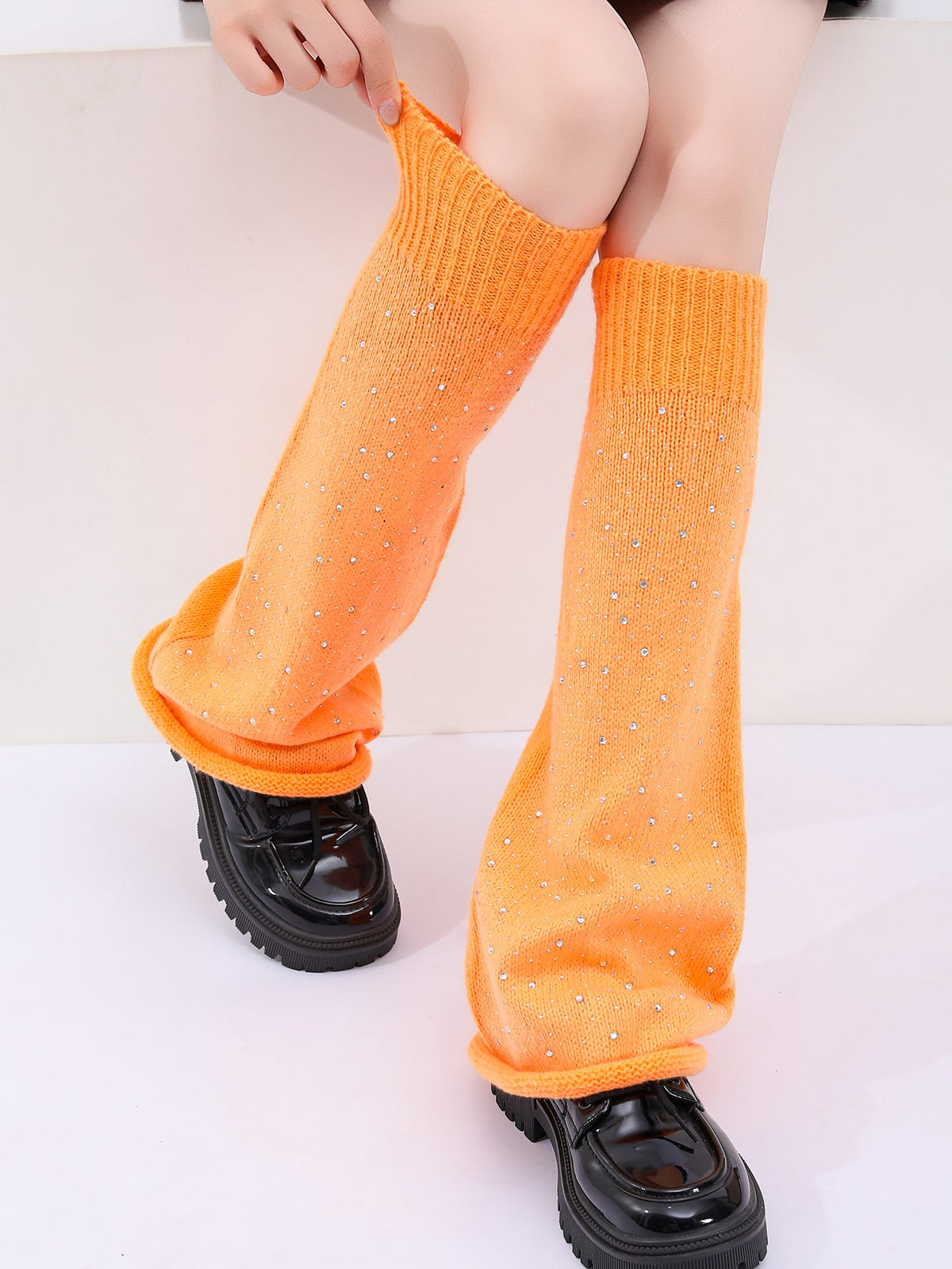 Women Girls Neon Color Flared Knit Rhinestone Sock Cuffs Leg Warmer Slouch Socks For Clubwear Party Daily