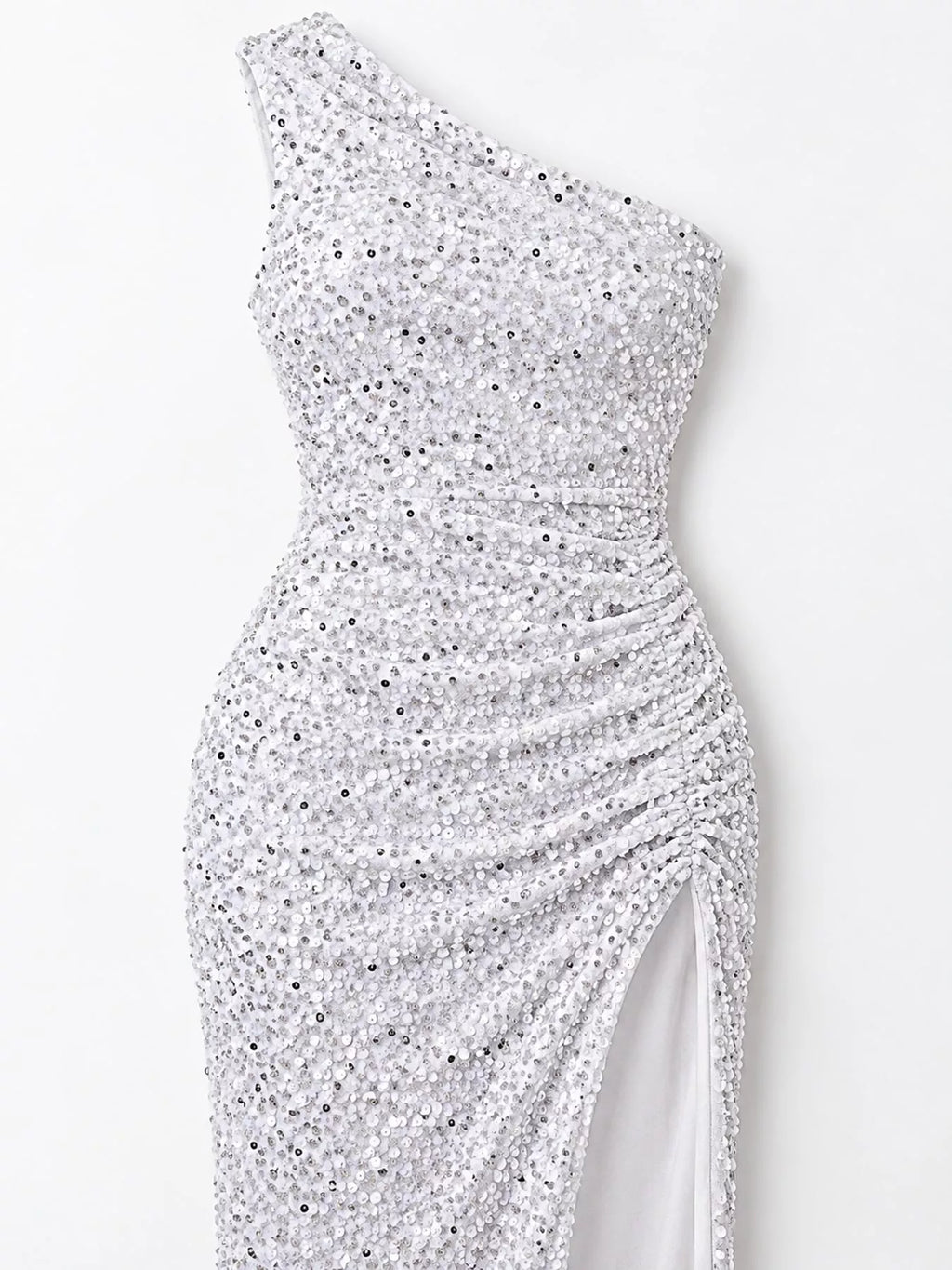 One-Shoulder Ruched Sequin High-Slit Evening Dress
