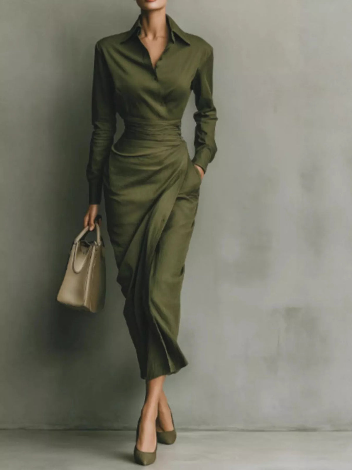 Long-Sleeve Wrap Midi Shirt Dress