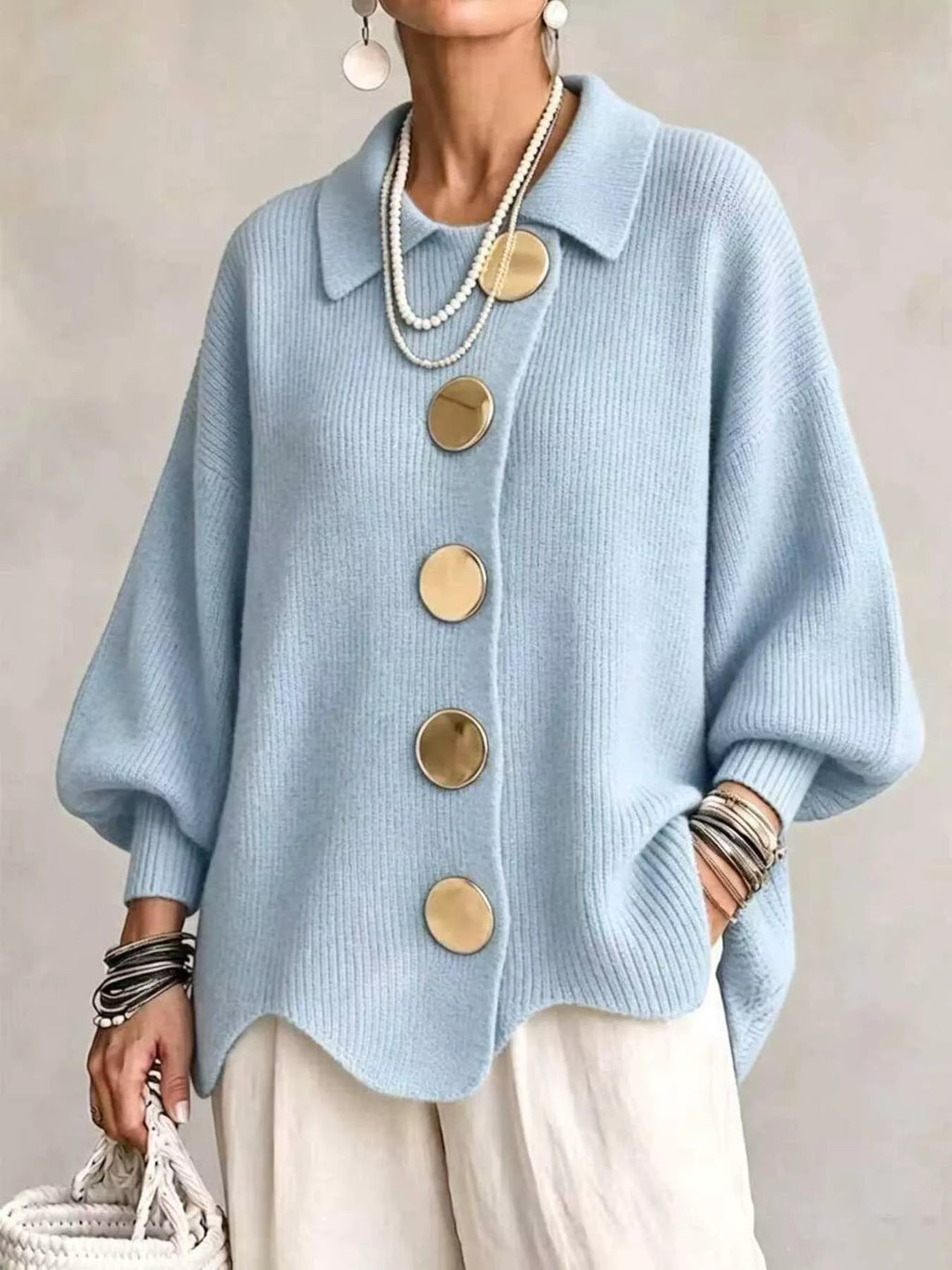 Full Size Gold Buttons Lantern Sleeve Cardigan Plus Size