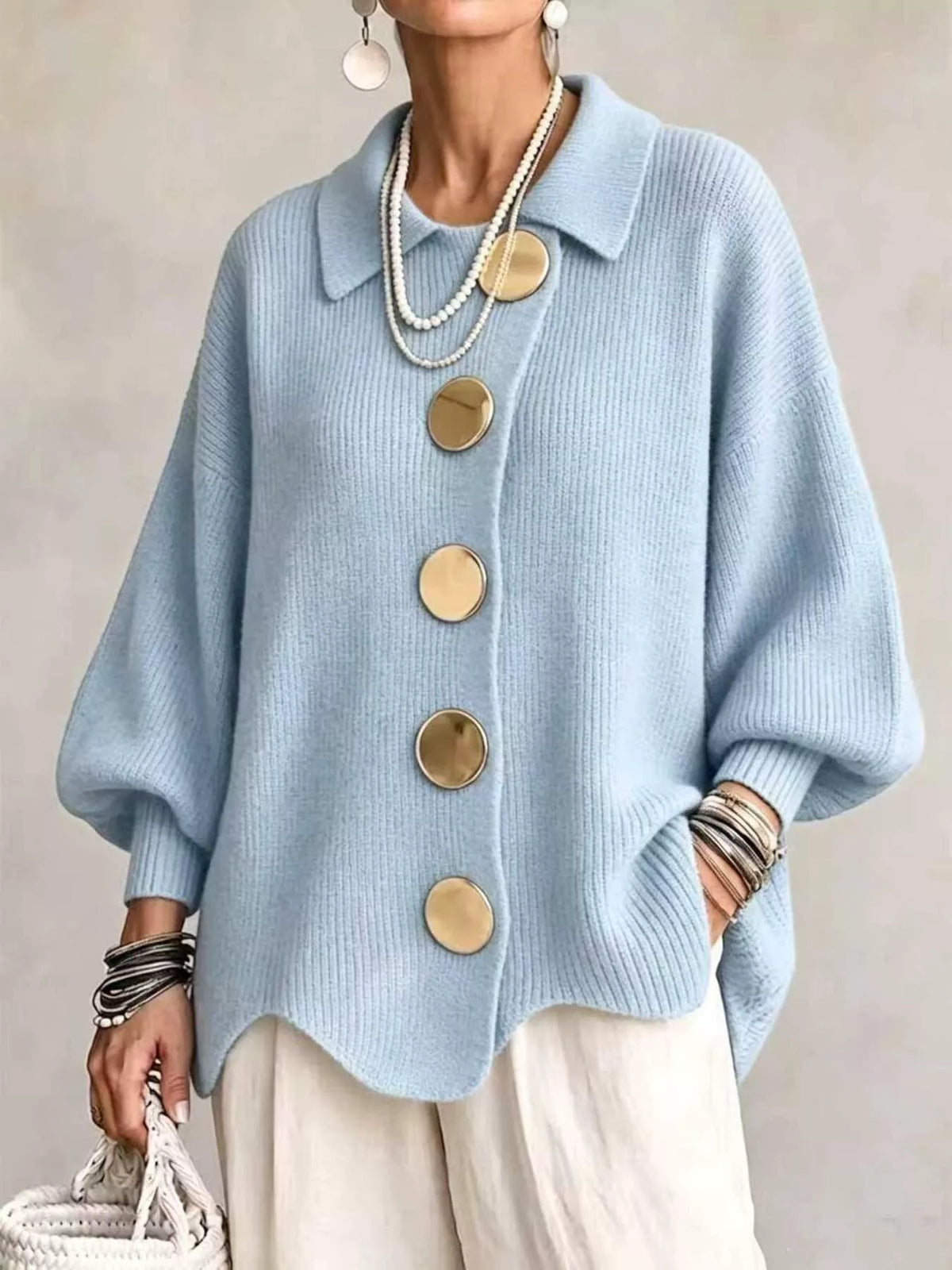 Full Size Gold Buttons Lantern Sleeve Cardigan Plus Size