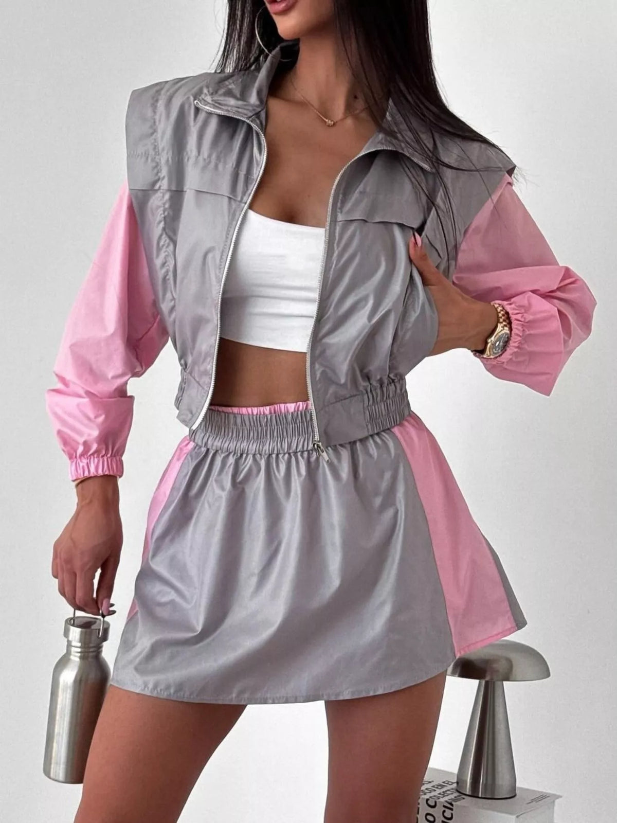 Color-Block Cropped Jacket and Skort Set