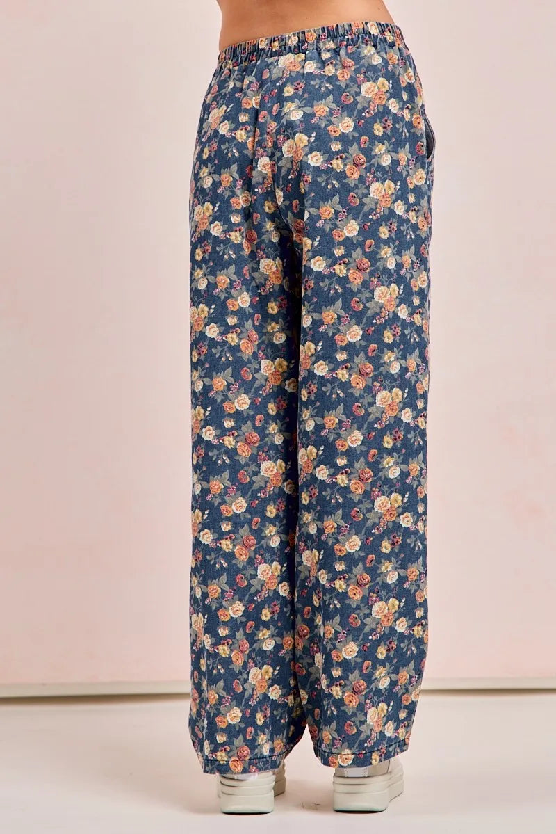 BiBi Washed Floral Print Wide Leg Jeans