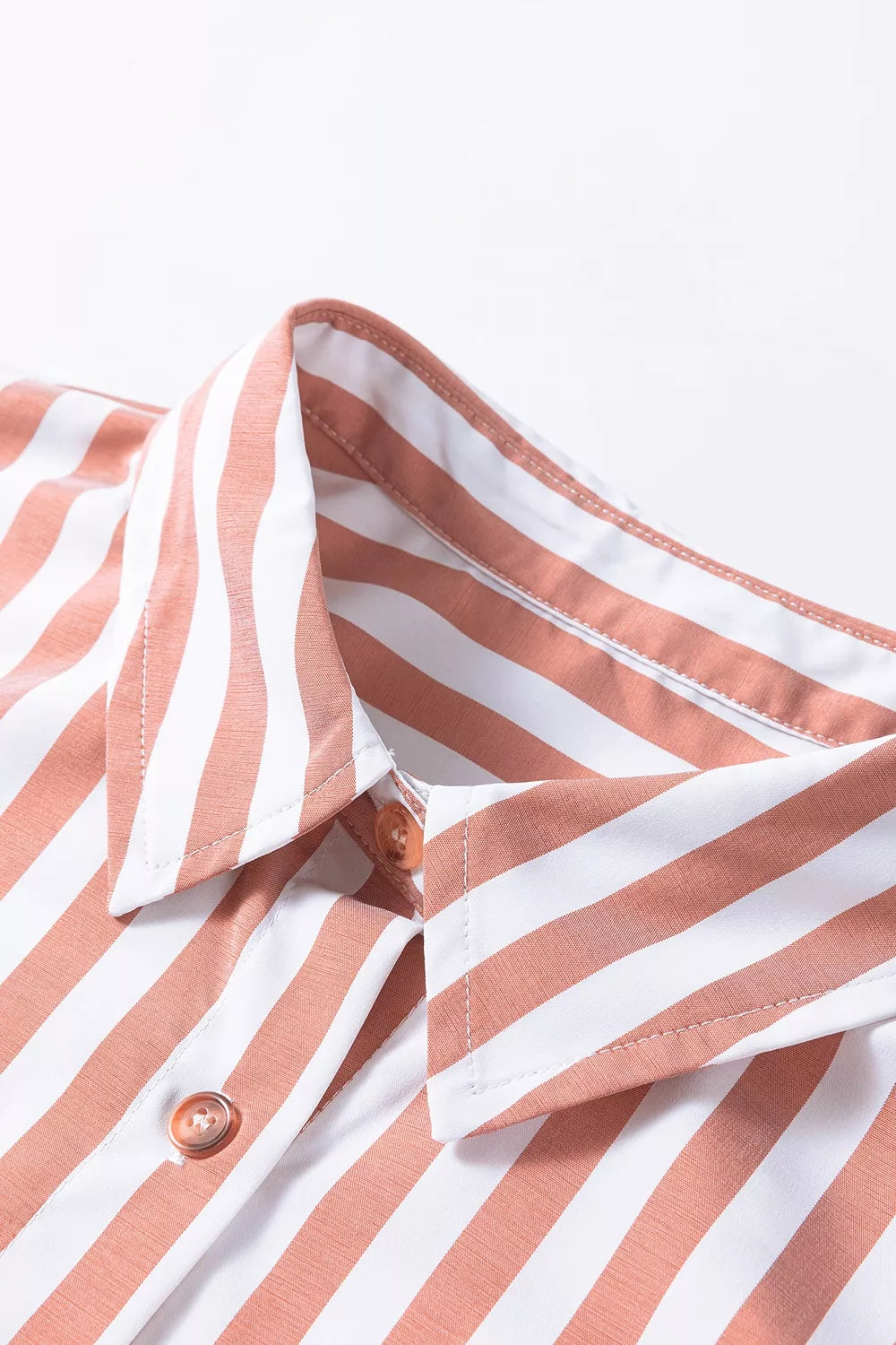 Stripe Collar Button Front Bracelet Sleeve Ruffle Hem Shirt