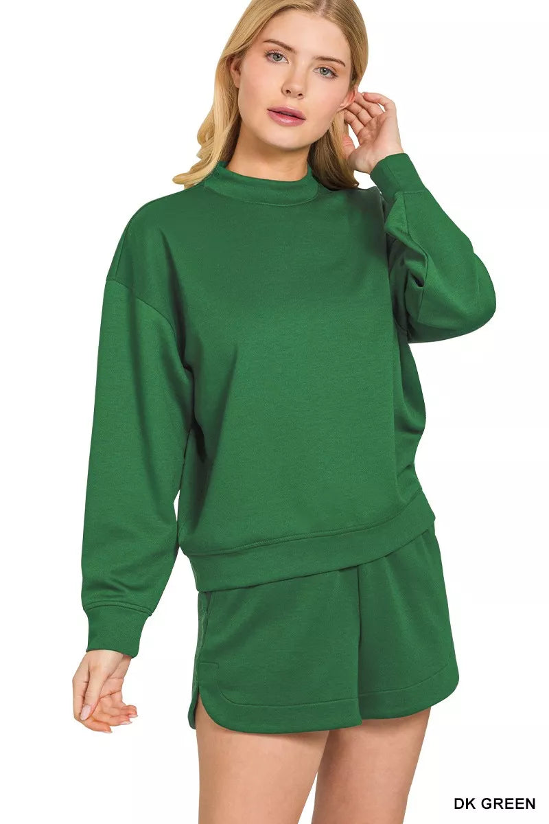 Dark Green Scuba Long Sleeve Sweatshirt and Shorts Set