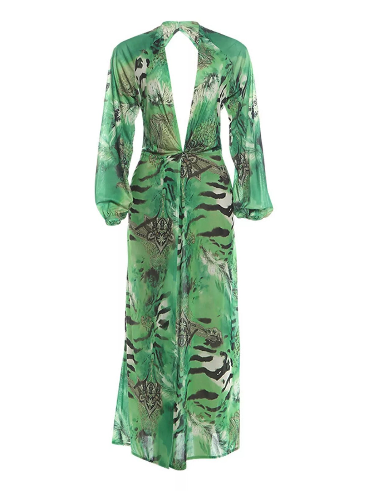 Deep V-Neck Long Sleeve Printed Maxi Dress