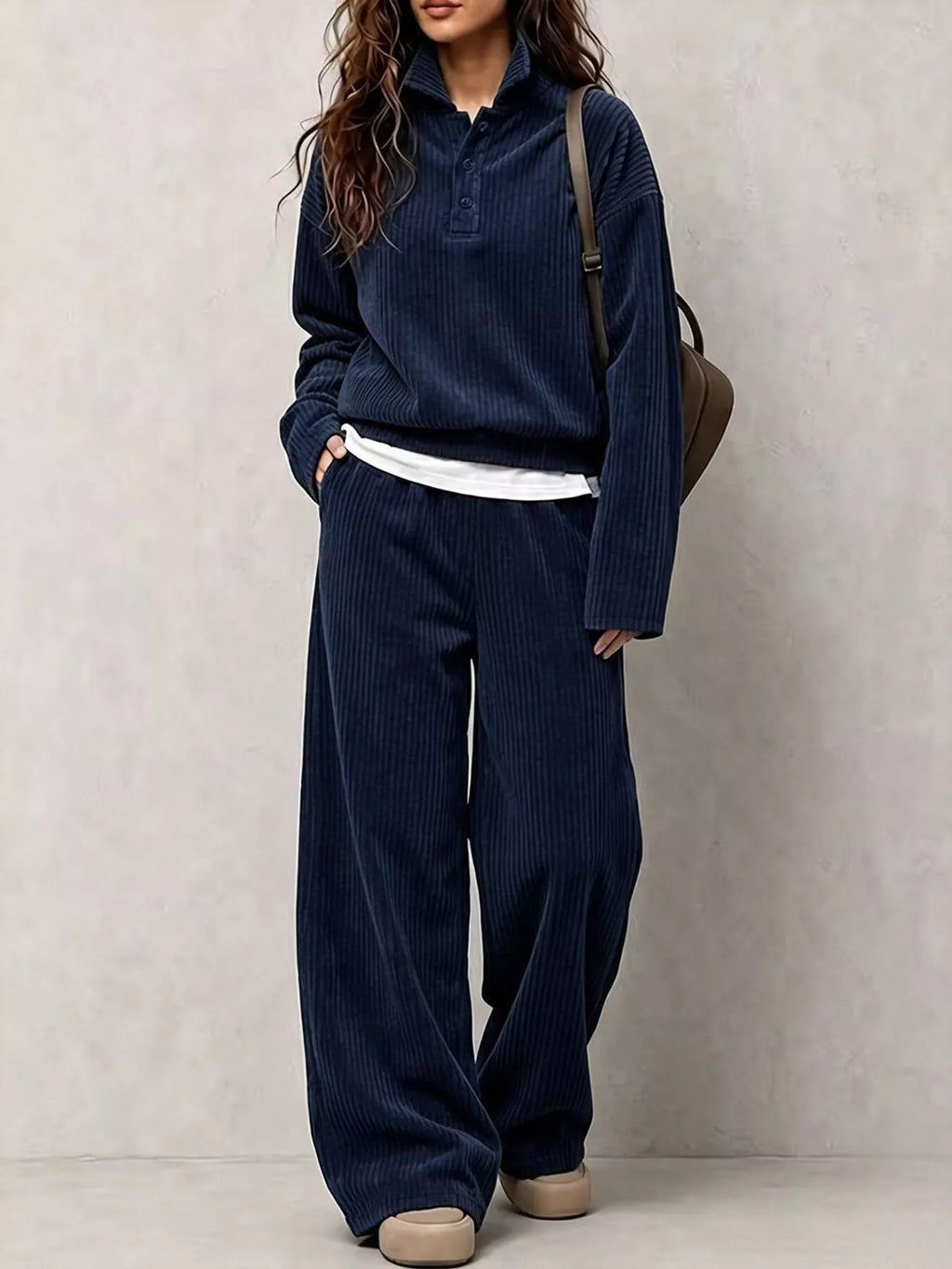 Corduroy Button Detail Top and Wide-Leg Pants Set