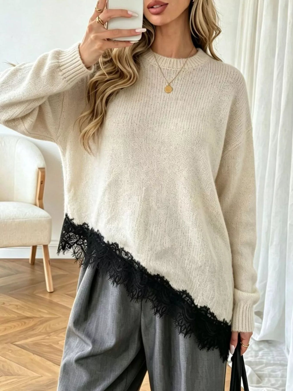 Round Neck Sweater with Asymmetric Lace Hem