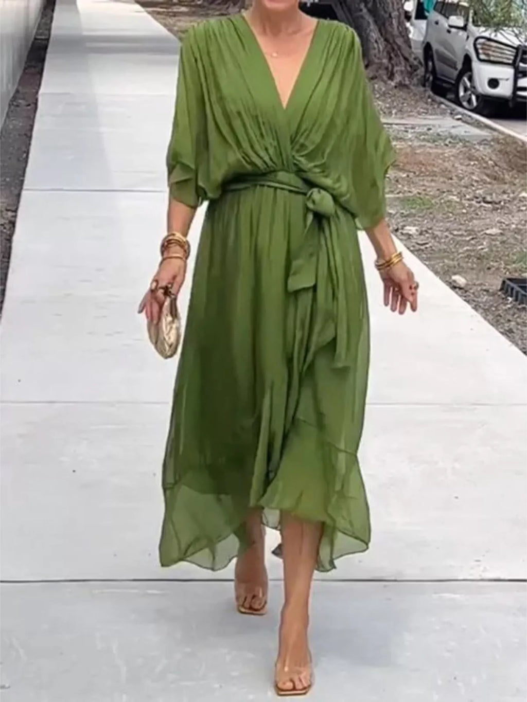 Full Size Chiffon Wrap Dress with Flutter Sleeves Plus Size