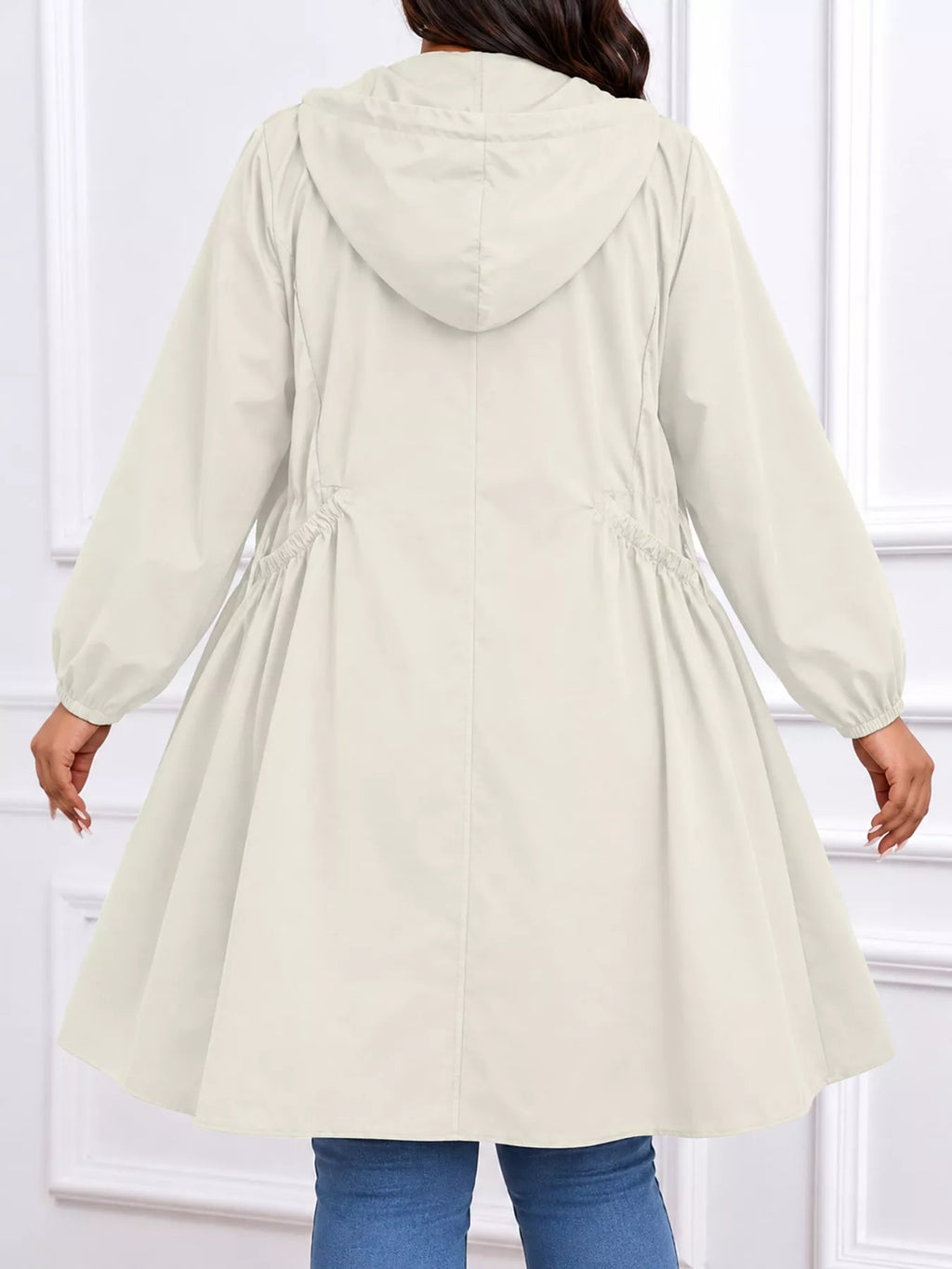 Plus Size Hooded Zip-Up Longline Windbreaker Outerwear