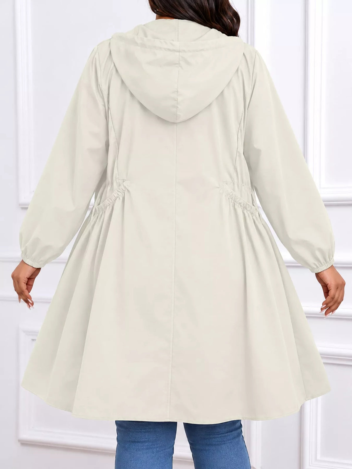 Plus Size Hooded Zip-Up Longline Windbreaker Outerwear
