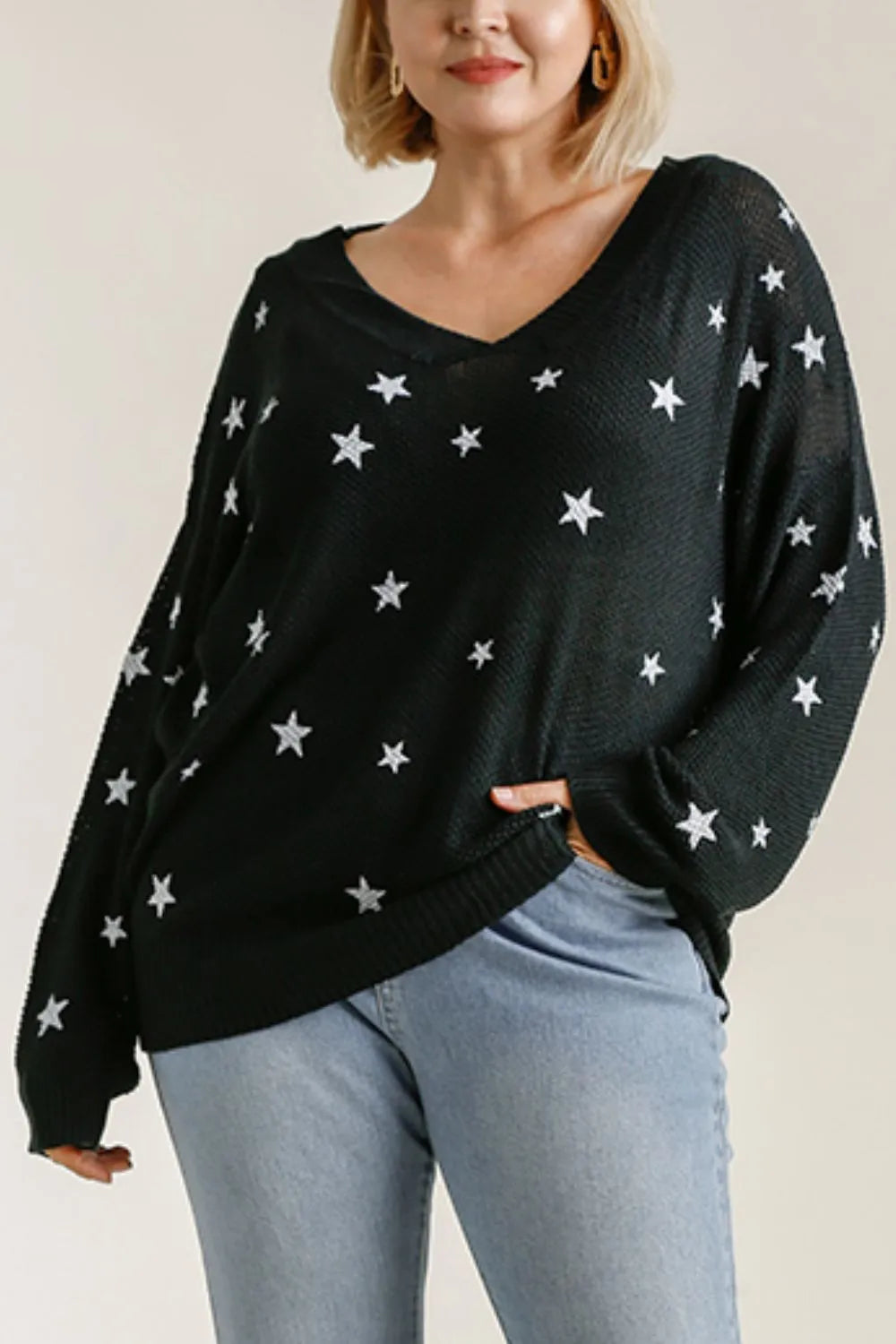 Umgee Full Size Star V-Neck Long Sleeve Sweater Plus Size