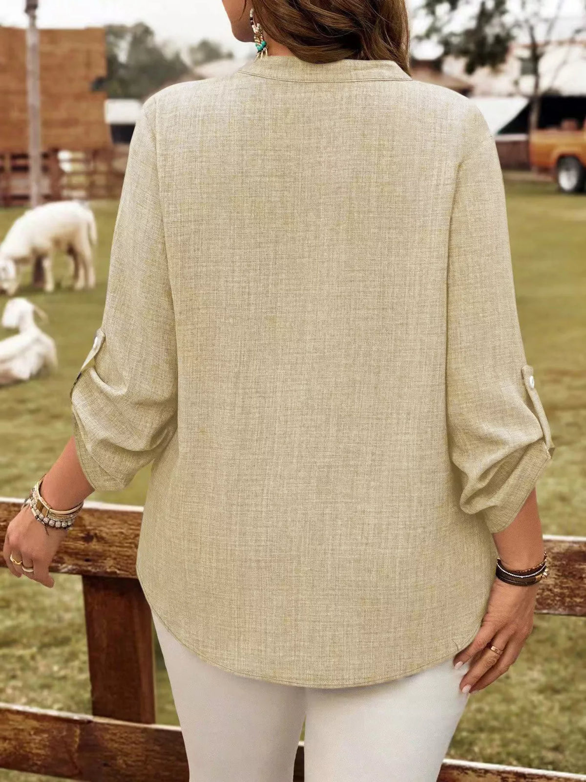 Plus Size Notched Roll-Tab Sleeve Casual Blouse
