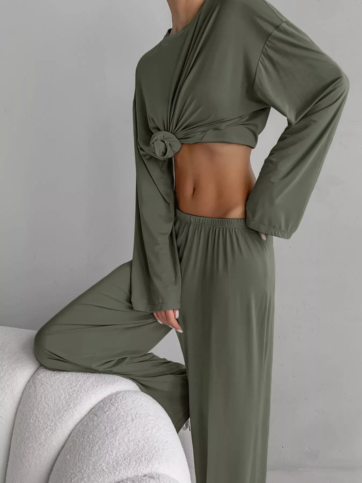 Solid Color Long Sleeve Top and Pants Set