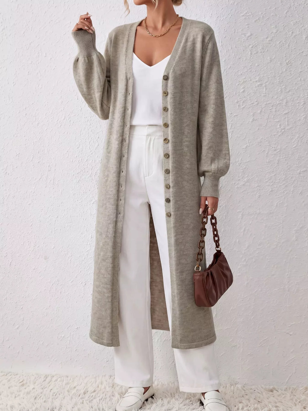 Elegant Longline Button-Front Cardigan with Lantern Sleeves