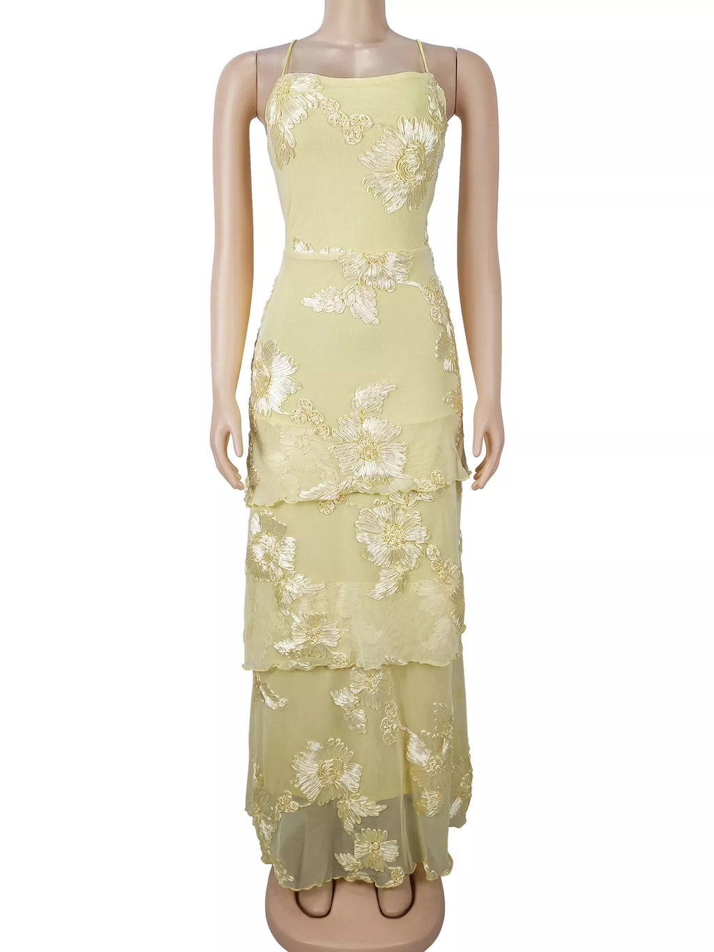 Floral Applique Tiered Maxi Dress with Lace Up Detail