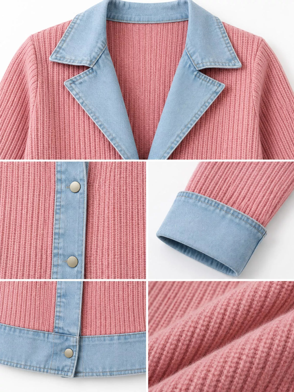 Full Size Denim Trim Ribbed Knit Cardigan Plus Size