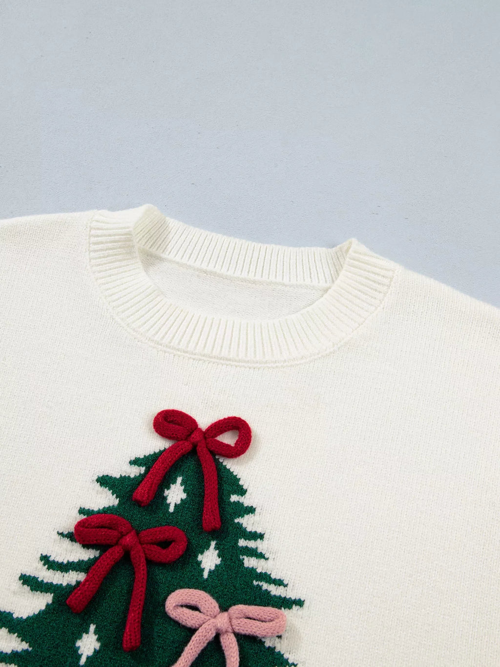 Christmas Tree Bow Drop Shoulder Knit Sweater