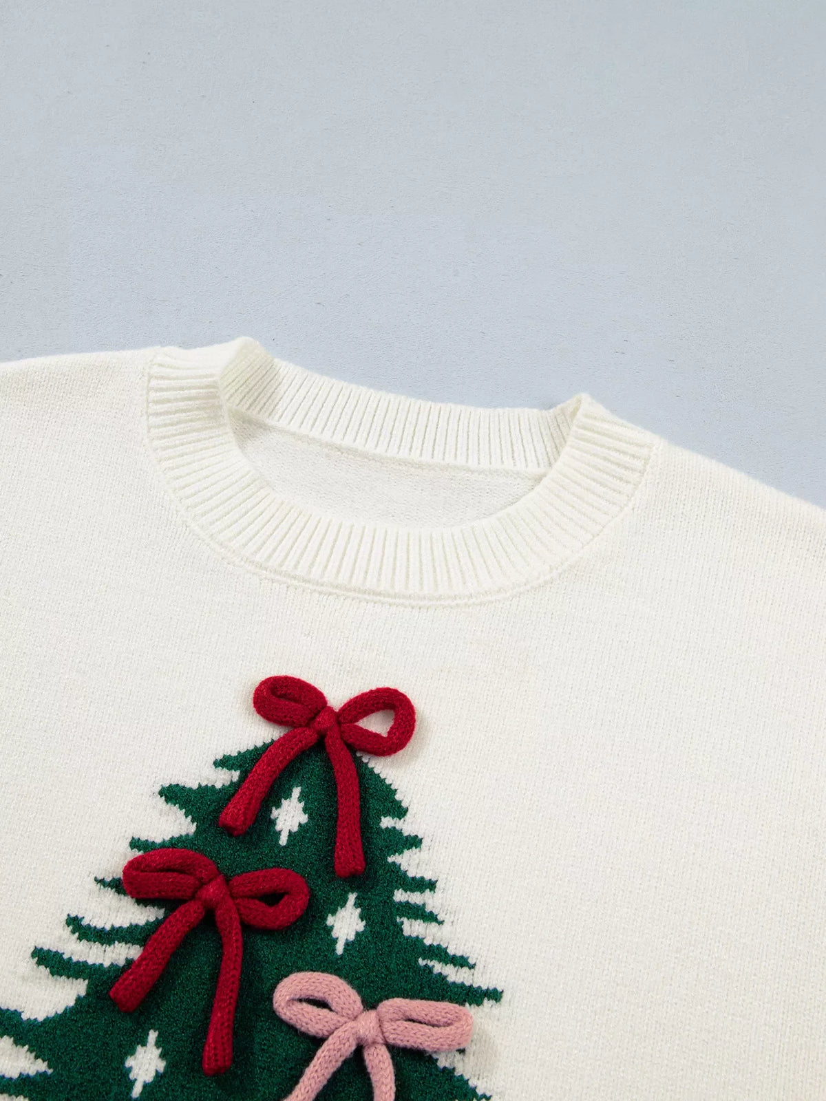 Christmas Tree Bow Drop Shoulder Knit Sweater
