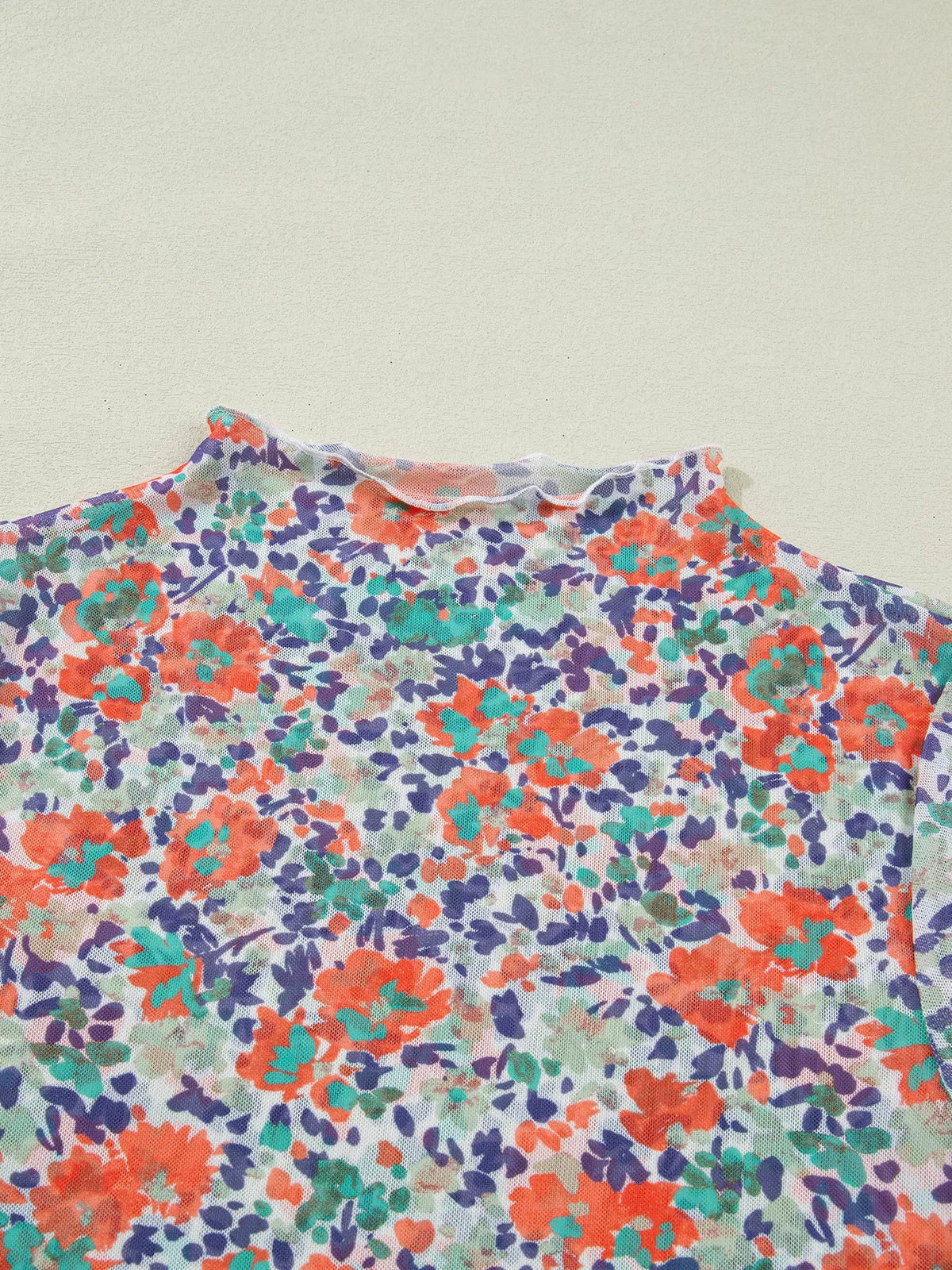 Floral Print Sheer Mesh Long Sleeve Mock Neck Top