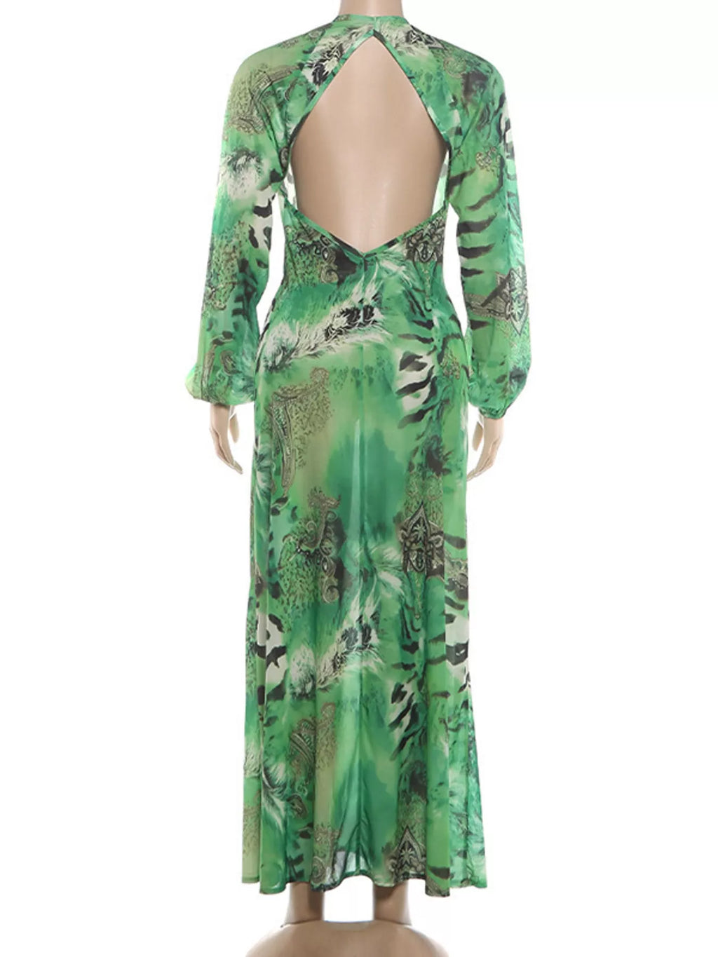 Deep V-Neck Long Sleeve Printed Maxi Dress