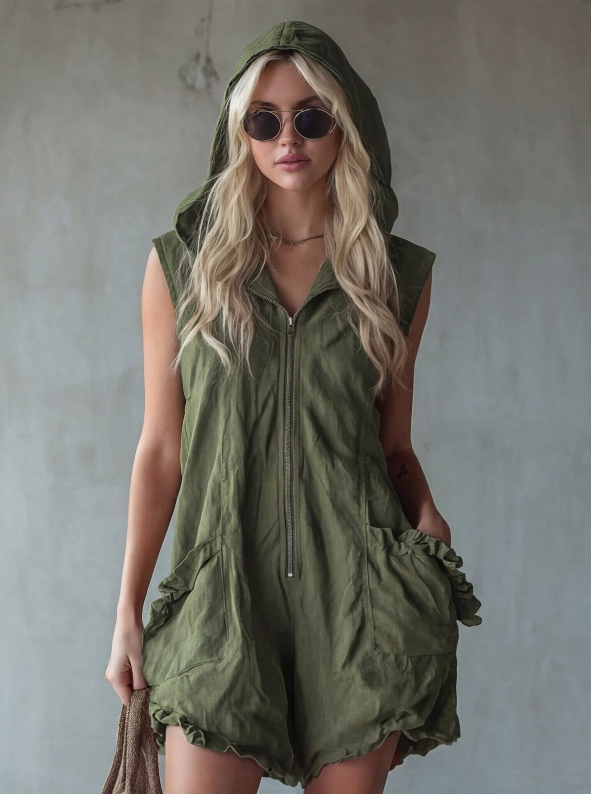 Vintage Style Hooded Zip-up Sleeveless Faux Linen Jumpsuit