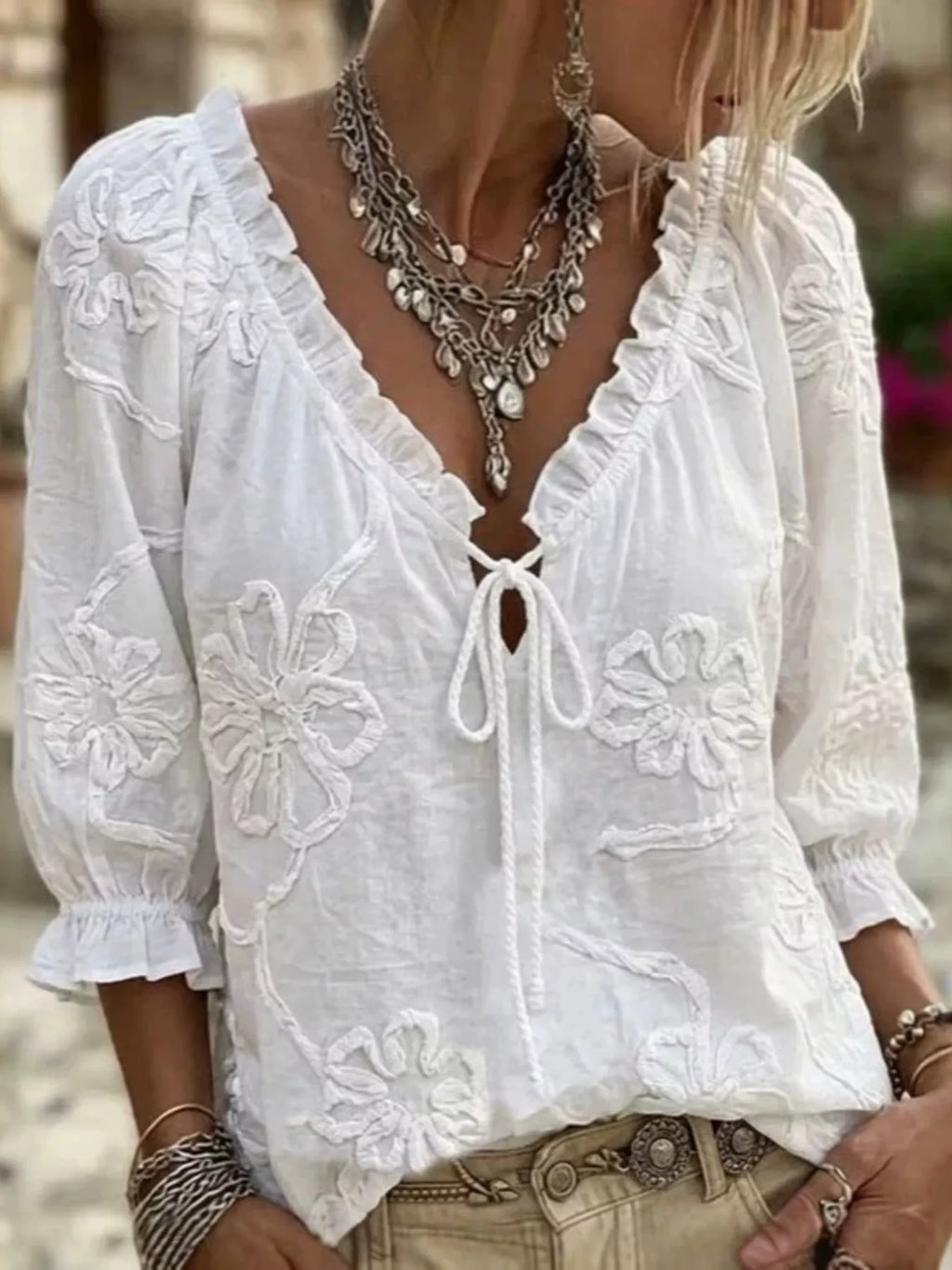 Full Size Flower Tie Front 3/4 Sleeve Blouse Plus Size
