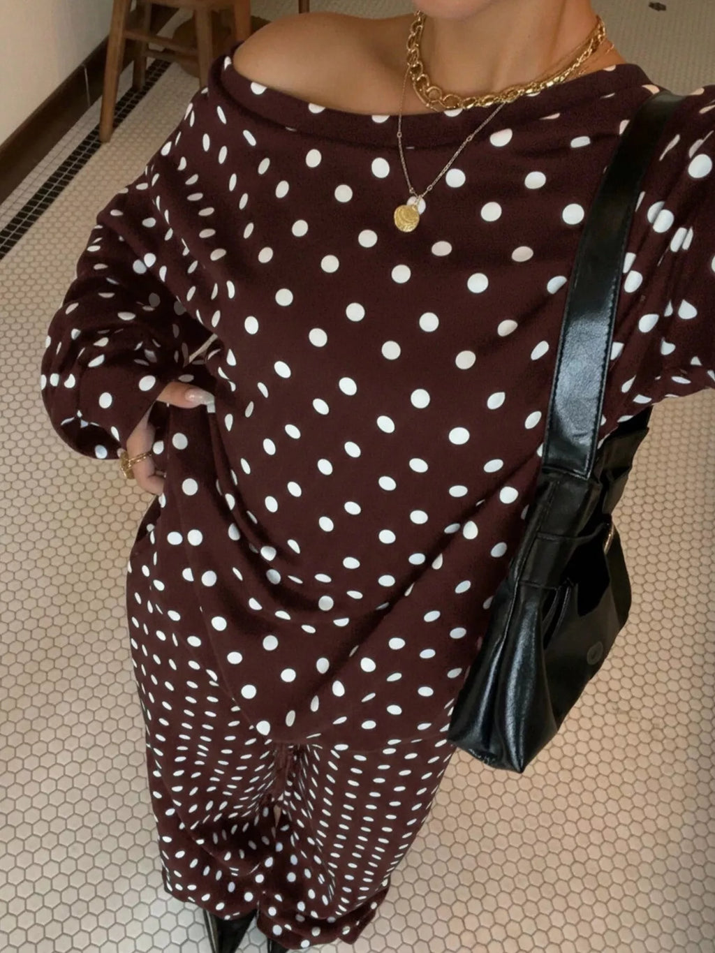 Polka Dot Boat Neck Top and Pants Set