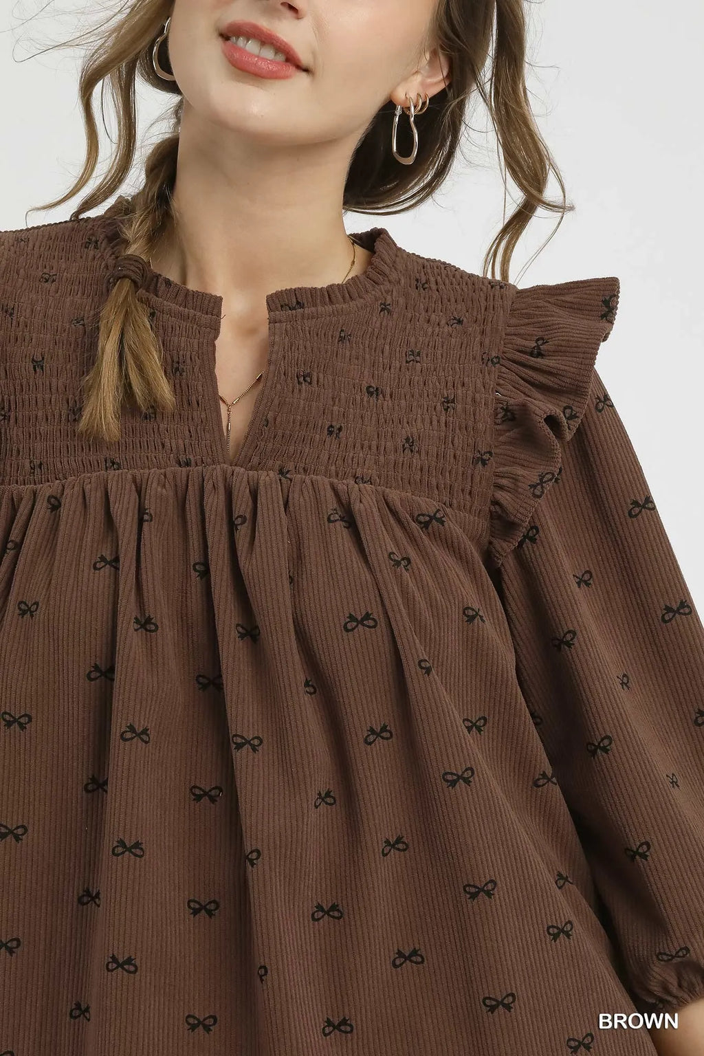 Umgee Bow Print Corduroy Puff Sleeve Blouse with Ruffled