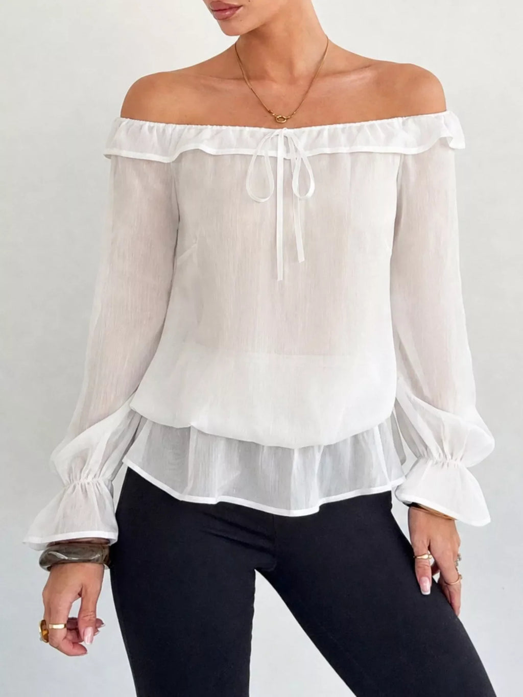 Off-Shoulder Flounce Sleeve Chiffon Blouse