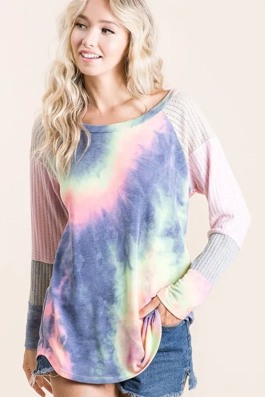 BiBi Tie Dye Terry Top With Color Block Pointelle Knit