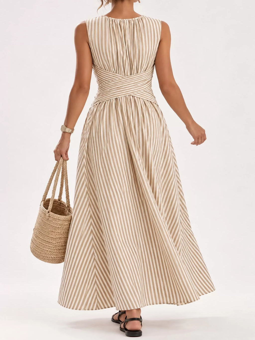 Full Size Sleeveless Striped Maxi Dress with Criss-Cross Waist Detail Plus Size