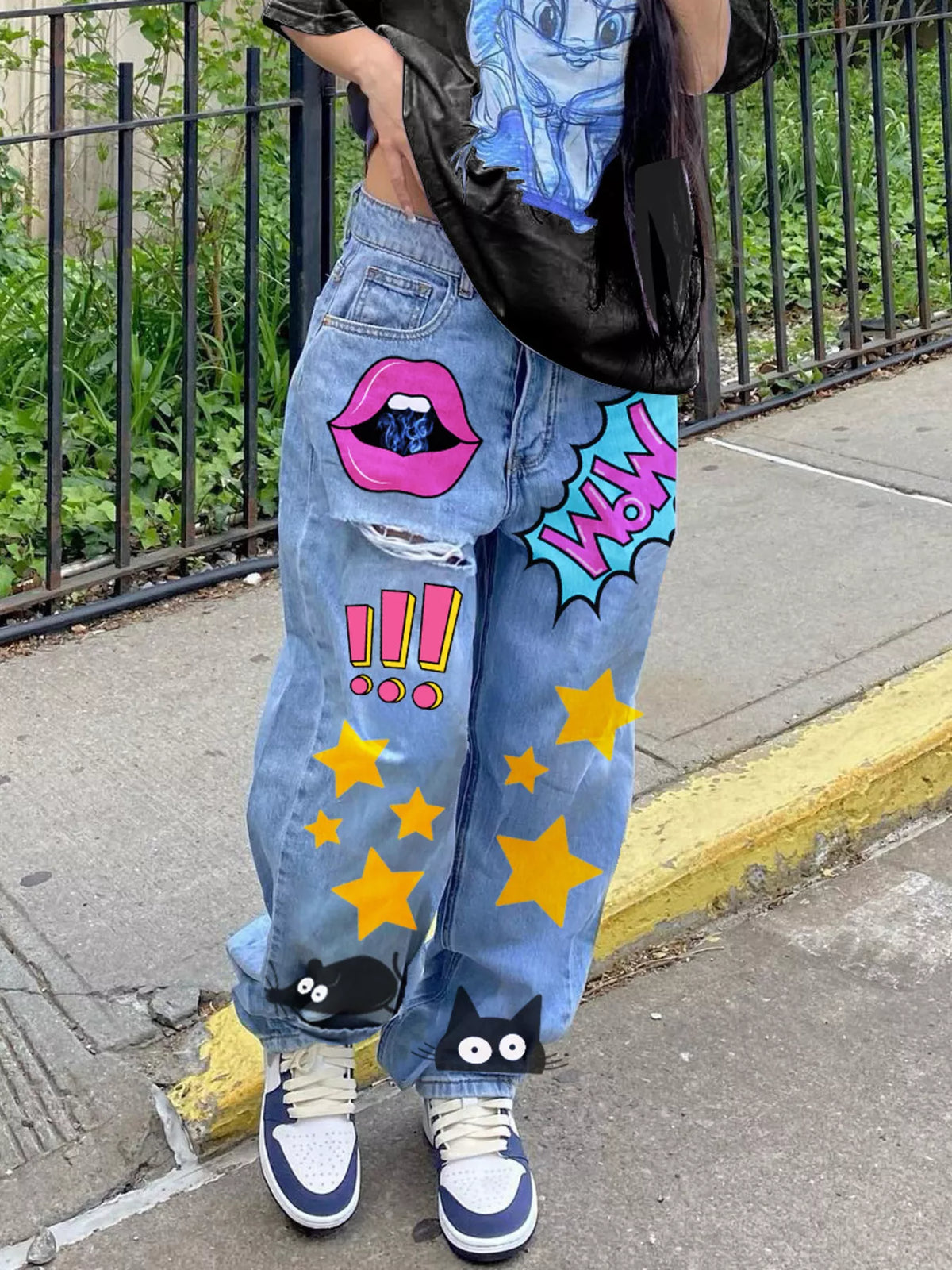 Full Size Pop Art Print Loose Fit Jeans Plus Size