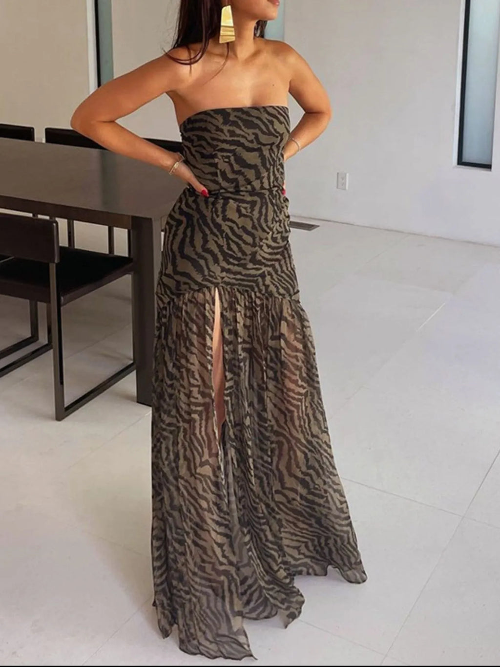 Zebra Print Maxi Dress with Side Slit