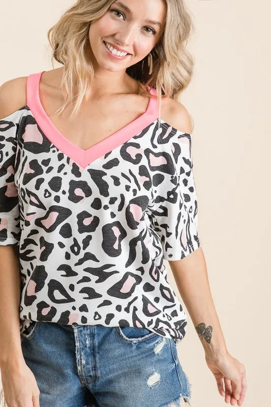 BiBi Leopard Print Top with Shoulder Cut Out